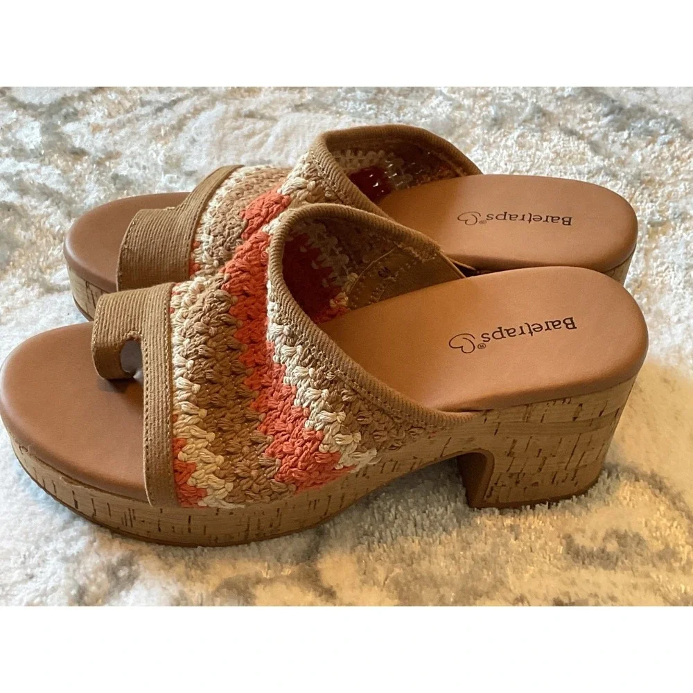 Baretraps Crochet Wedge Sandals‎ Coral White Stripe Platform Thongs Toe Size 6M
